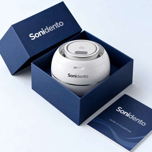 Nettoyeur à ultrasons Sonidento dans son coffret avec son guide d'utilisation
